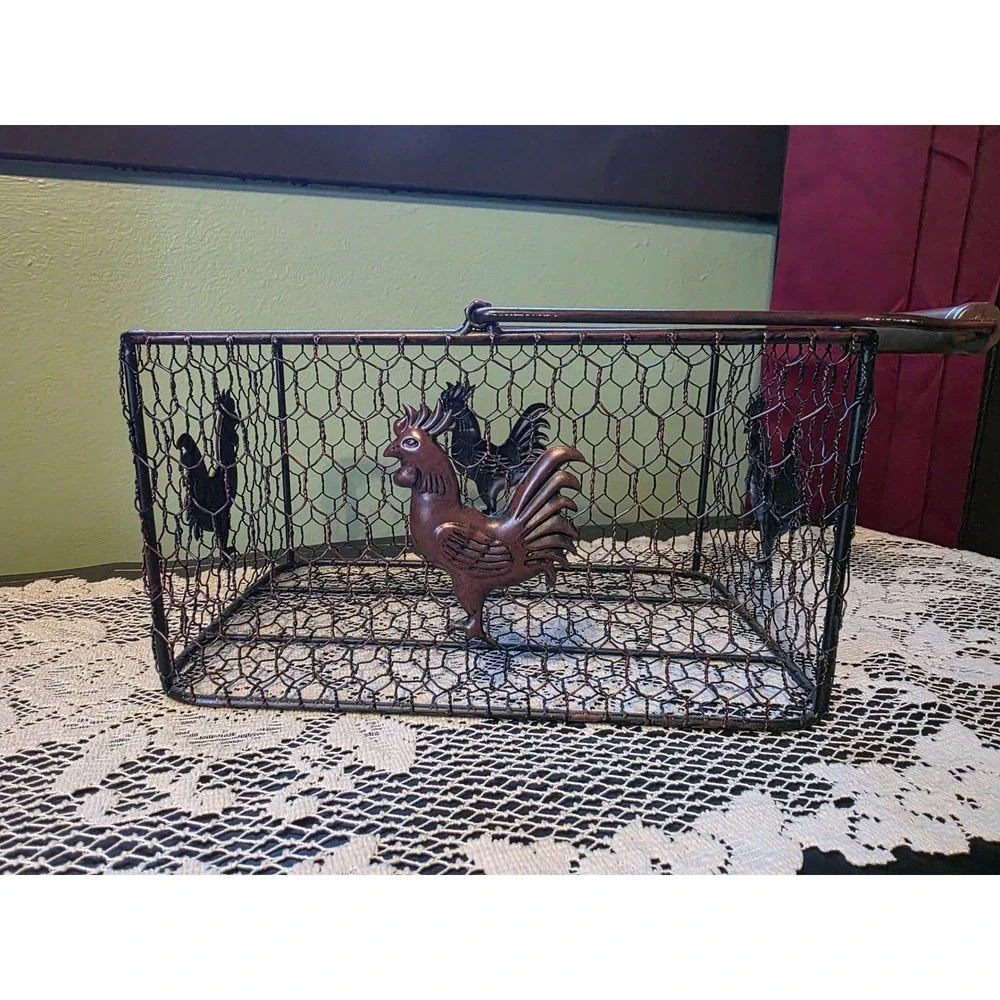 Rustic Farmhouse Wire Basket 6 Compartment Metal Caddy Rooster Decor Bronze